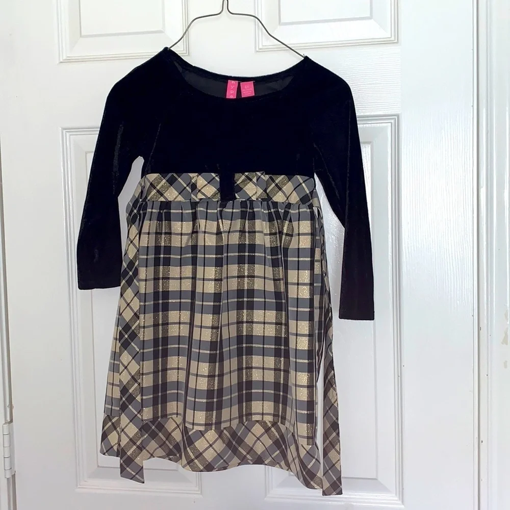 Girls black suede plaid dress
